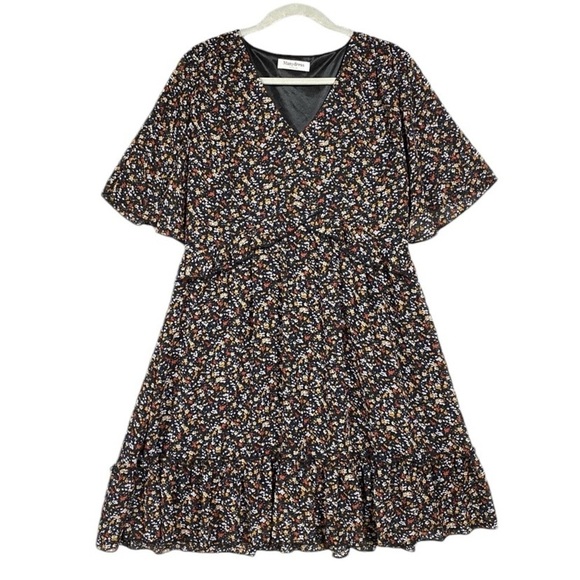 Manydress Floral Ruffle Dress Womens Size XL V Neck Sheer Sleeve - Picture 2 of 8